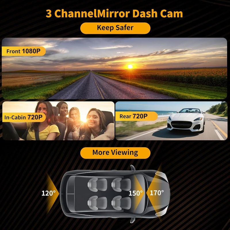 UNITOPSCI 3 Channel 9.66'' WiFi Mirror Dash Cam with Front and Rear Camera IPS Touch Screen,Triple Rear View Mirror Camera with App Recording,64GB TF Card,Loop Recording,Night Vision, G-Sensor Parking Monitor - Image 2
